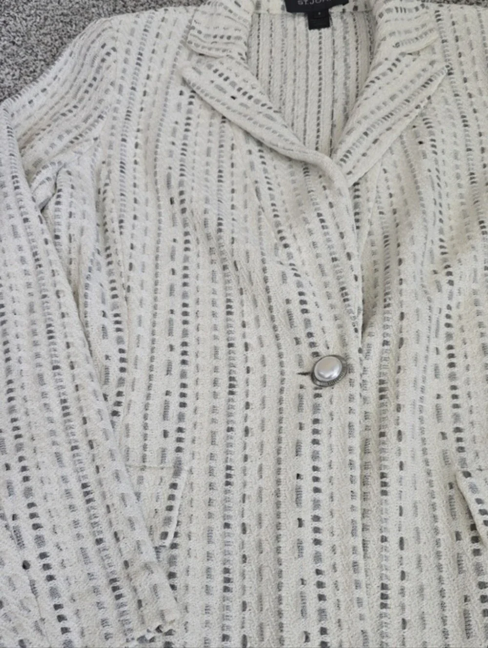 St. John Collection Metallic Knit 2pc Dress Jacket Set Gray Ivory Size 6
